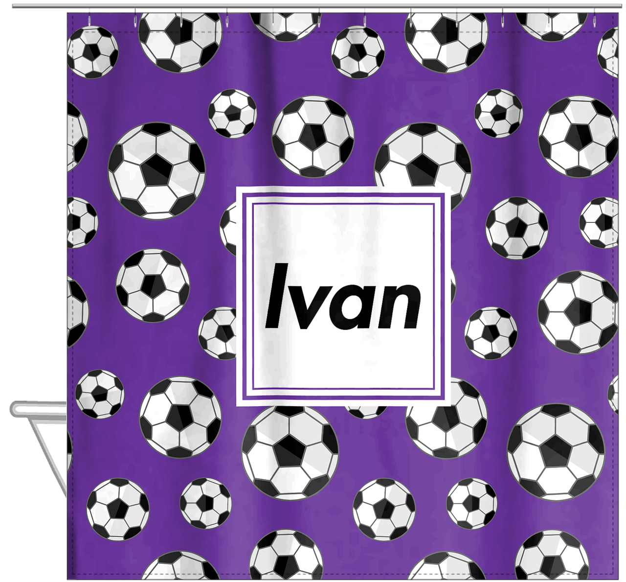Personalized Soccer Shower Curtain XV - Purple Background - Square Nameplate - Hanging View