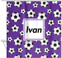 Thumbnail for Personalized Soccer Shower Curtain XV - Purple Background - Square Nameplate - Hanging View