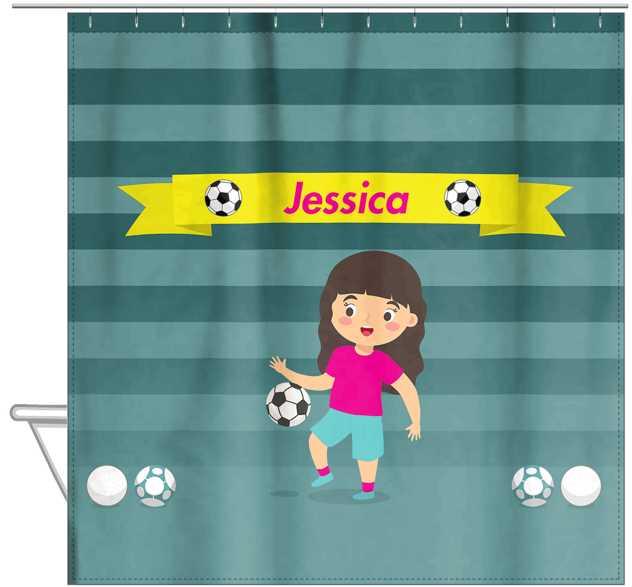 Personalized Soccer Shower Curtain XVIII - Teal Background - Brunette Girl I - Hanging View