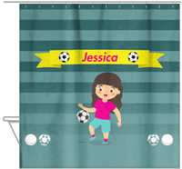 Thumbnail for Personalized Soccer Shower Curtain XVIII - Teal Background - Brunette Girl I - Hanging View
