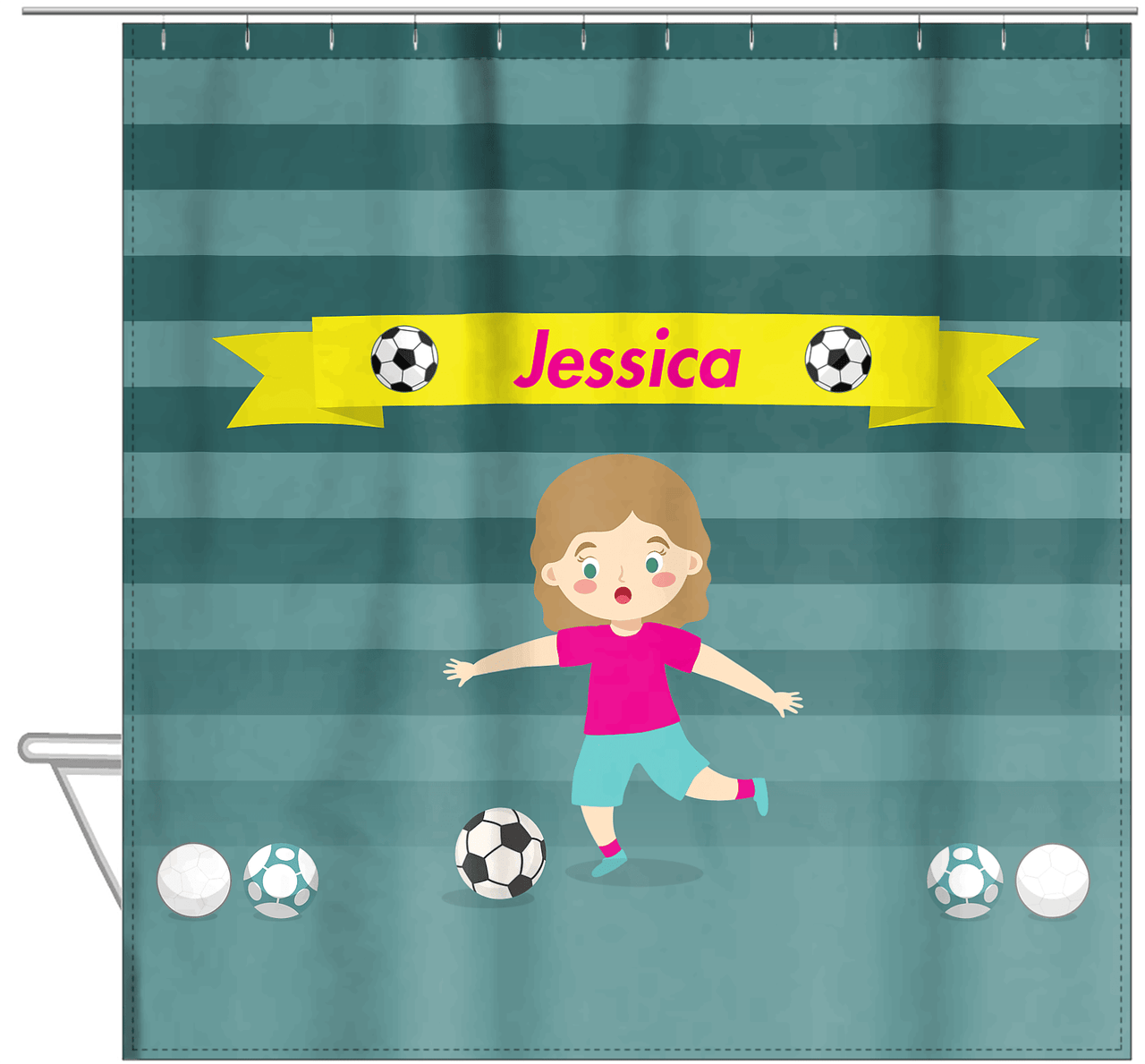 Personalized Soccer Shower Curtain XVIII - Teal Background - Blonde Girl I - Hanging View