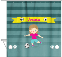 Thumbnail for Personalized Soccer Shower Curtain XVIII - Teal Background - Blonde Girl I - Hanging View