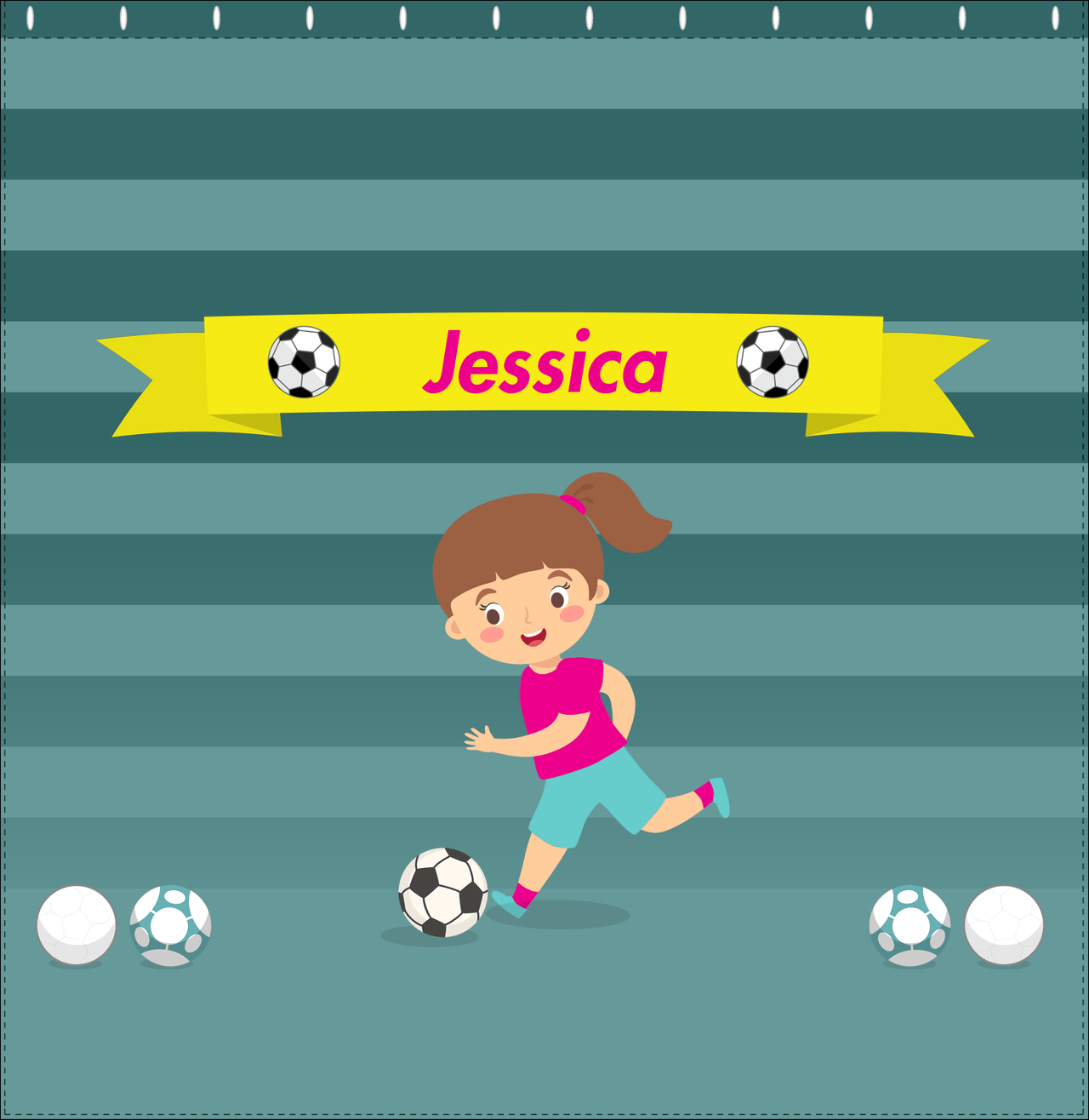 Personalized Soccer Shower Curtain XVIII - Teal Background - Brunette Girl II - Decorate View