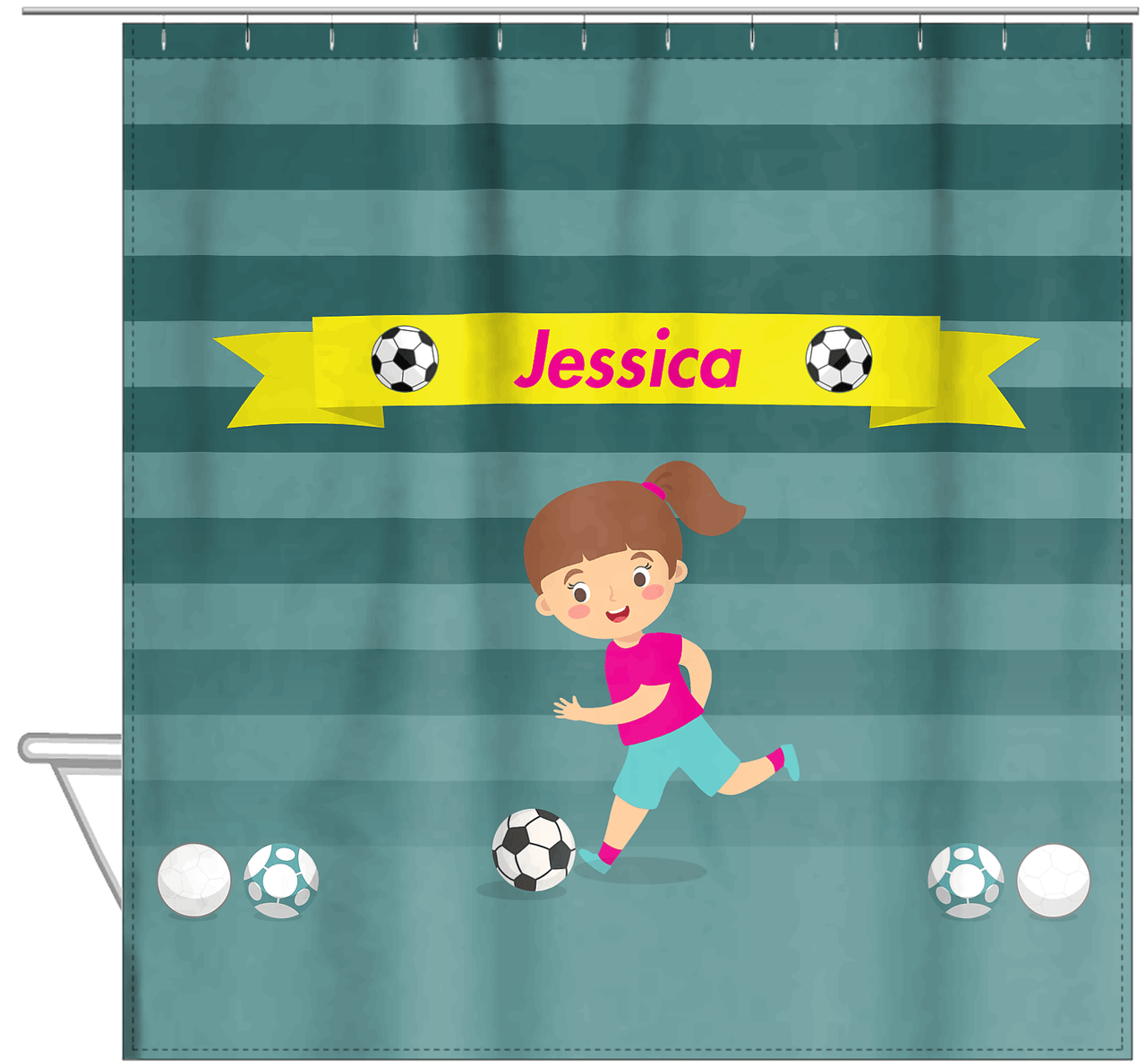 Personalized Soccer Shower Curtain XVIII - Teal Background - Brunette Girl II - Hanging View