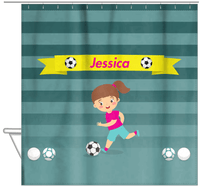 Thumbnail for Personalized Soccer Shower Curtain XVIII - Teal Background - Brunette Girl II - Hanging View