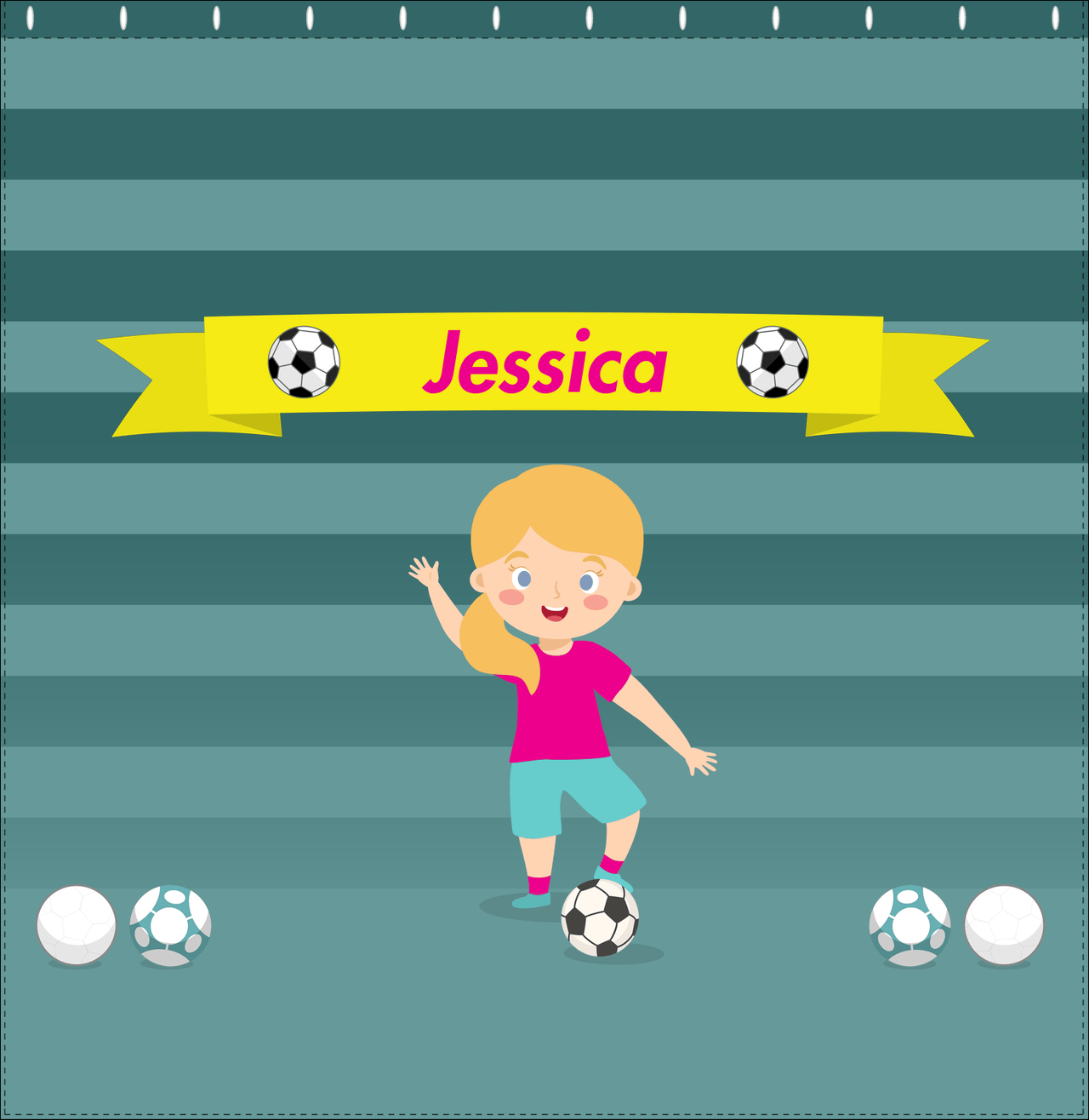 Personalized Soccer Shower Curtain XVIII - Teal Background - Blonde Girl II - Decorate View