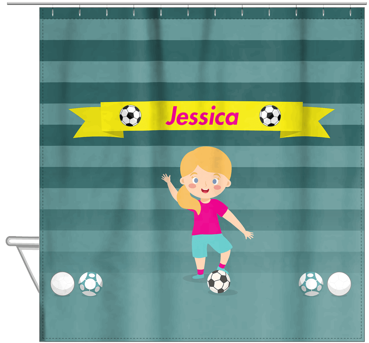 Personalized Soccer Shower Curtain XVIII - Teal Background - Blonde Girl II - Hanging View
