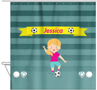 Thumbnail for Personalized Soccer Shower Curtain XVIII - Teal Background - Blonde Girl II - Hanging View