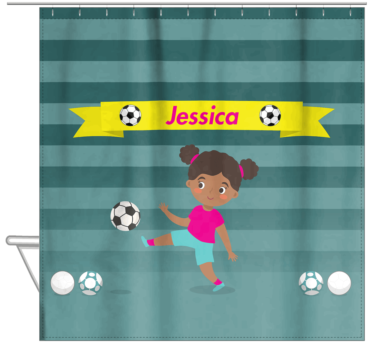Personalized Soccer Shower Curtain XVIII - Teal Background - Black Girl - Hanging View