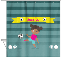 Thumbnail for Personalized Soccer Shower Curtain XVIII - Teal Background - Black Girl - Hanging View