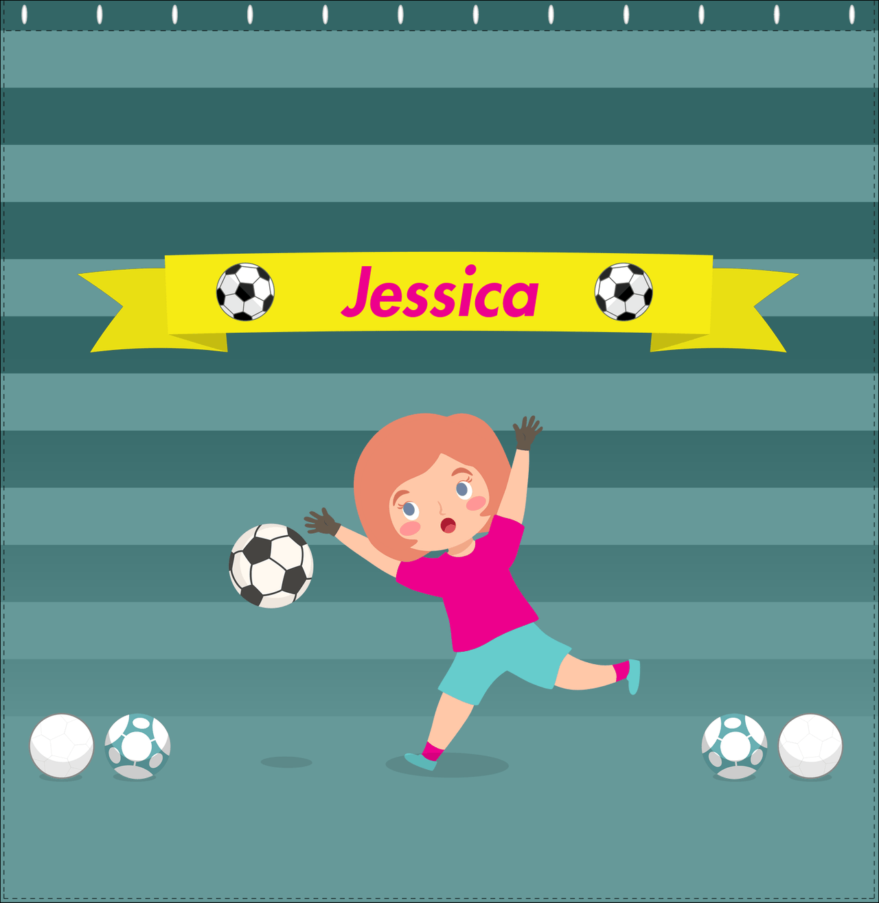 Personalized Soccer Shower Curtain XVIII - Teal Background - Redhead Girl - Decorate View