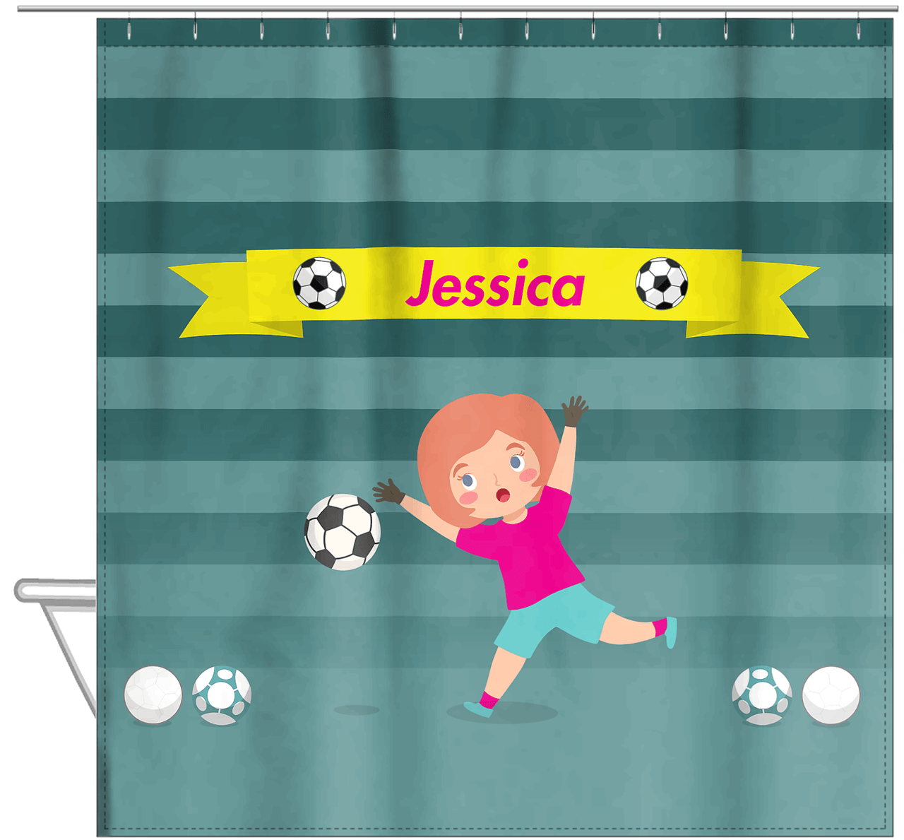 Personalized Soccer Shower Curtain XVIII - Teal Background - Redhead Girl - Hanging View