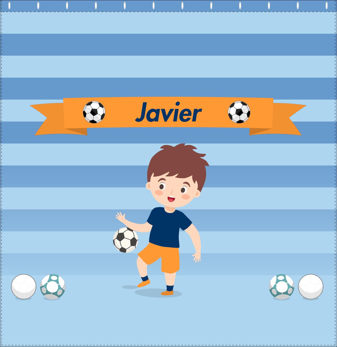 Personalized Soccer Shower Curtain XIX - Blue Background - Brown Hair Boy I - Decorate View