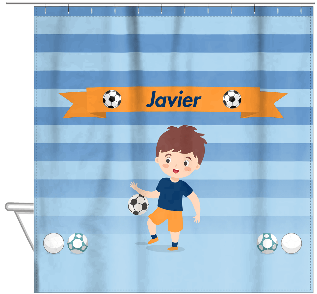Personalized Soccer Shower Curtain XIX - Blue Background - Brown Hair Boy I - Hanging View