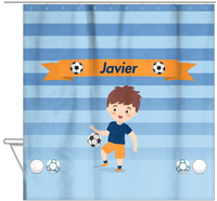 Thumbnail for Personalized Soccer Shower Curtain XIX - Blue Background - Brown Hair Boy I - Hanging View