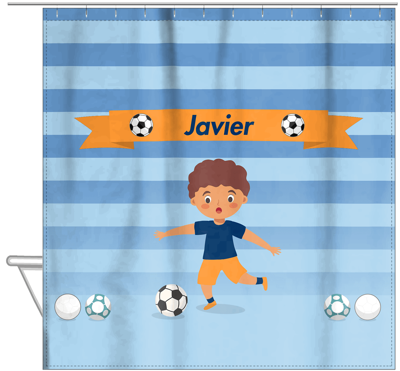 Personalized Soccer Shower Curtain XIX - Blue Background - Black Boy - Hanging View