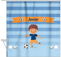 Thumbnail for Personalized Soccer Shower Curtain XIX - Blue Background - Black Boy - Hanging View