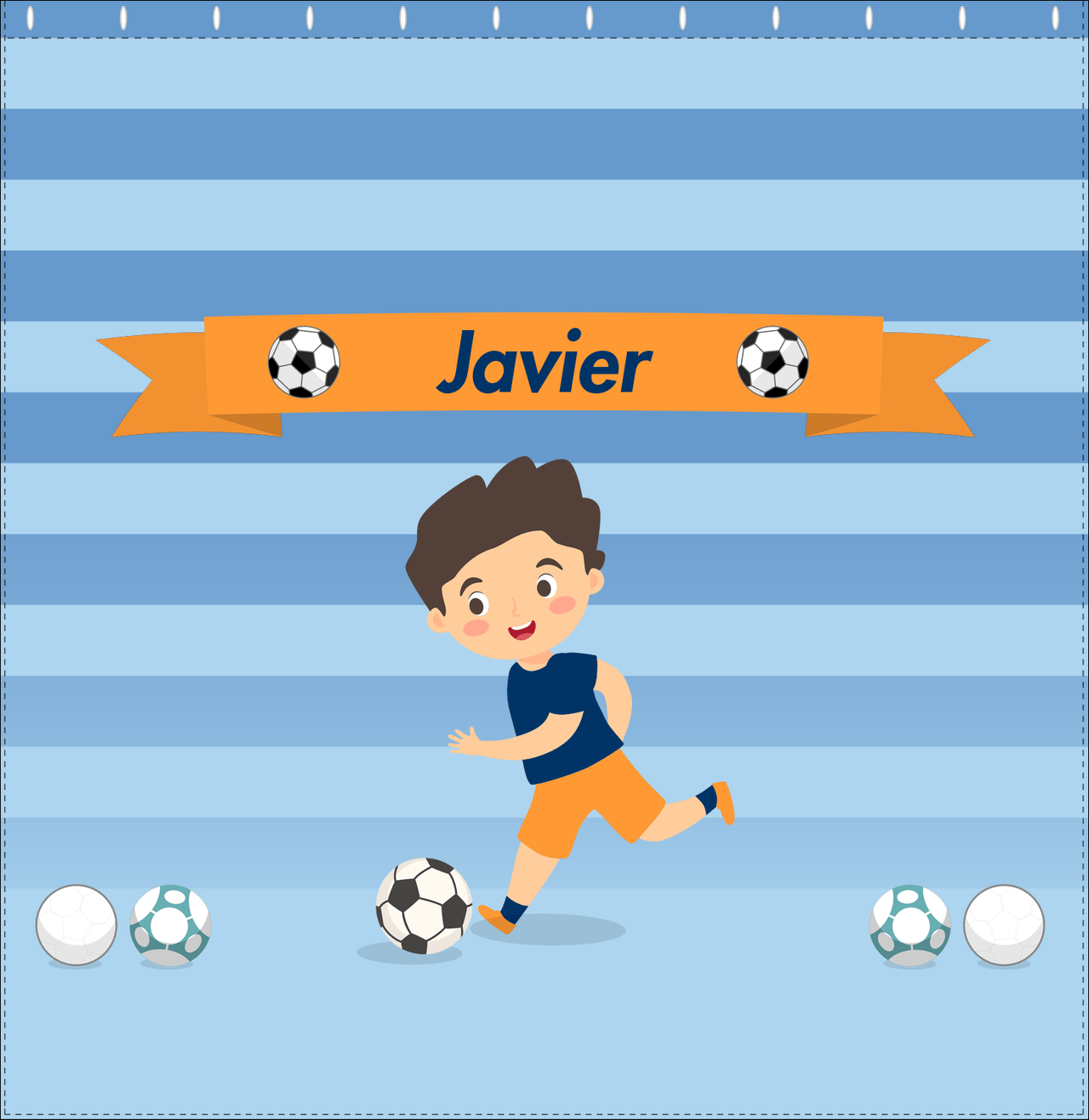 Personalized Soccer Shower Curtain XIX - Blue Background - Black Hair Boy - Decorate View