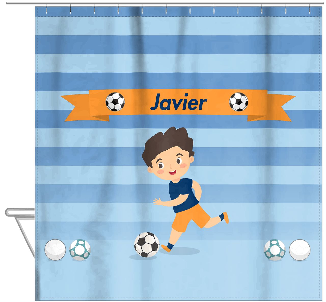 Personalized Soccer Shower Curtain XIX - Blue Background - Black Hair Boy - Hanging View