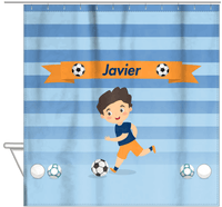 Thumbnail for Personalized Soccer Shower Curtain XIX - Blue Background - Black Hair Boy - Hanging View