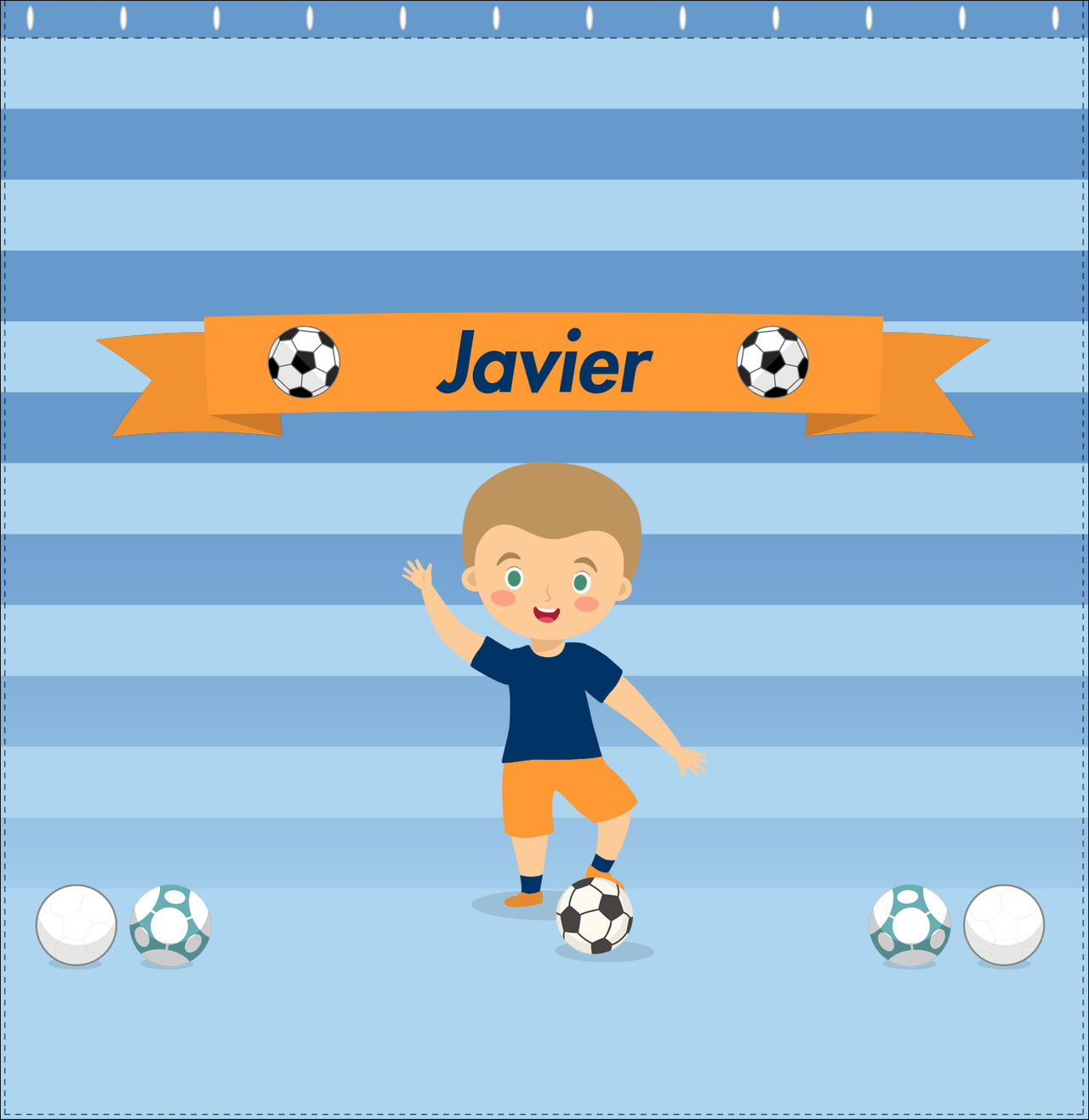 Personalized Soccer Shower Curtain XIX - Blue Background - Blond Boy I - Decorate View