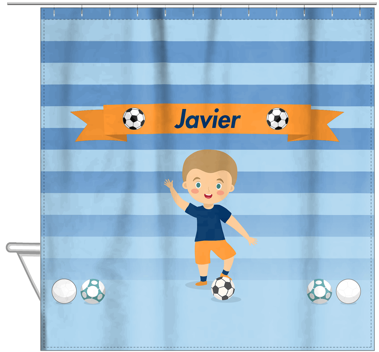 Personalized Soccer Shower Curtain XIX - Blue Background - Blond Boy I - Hanging View