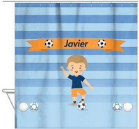 Thumbnail for Personalized Soccer Shower Curtain XIX - Blue Background - Blond Boy I - Hanging View