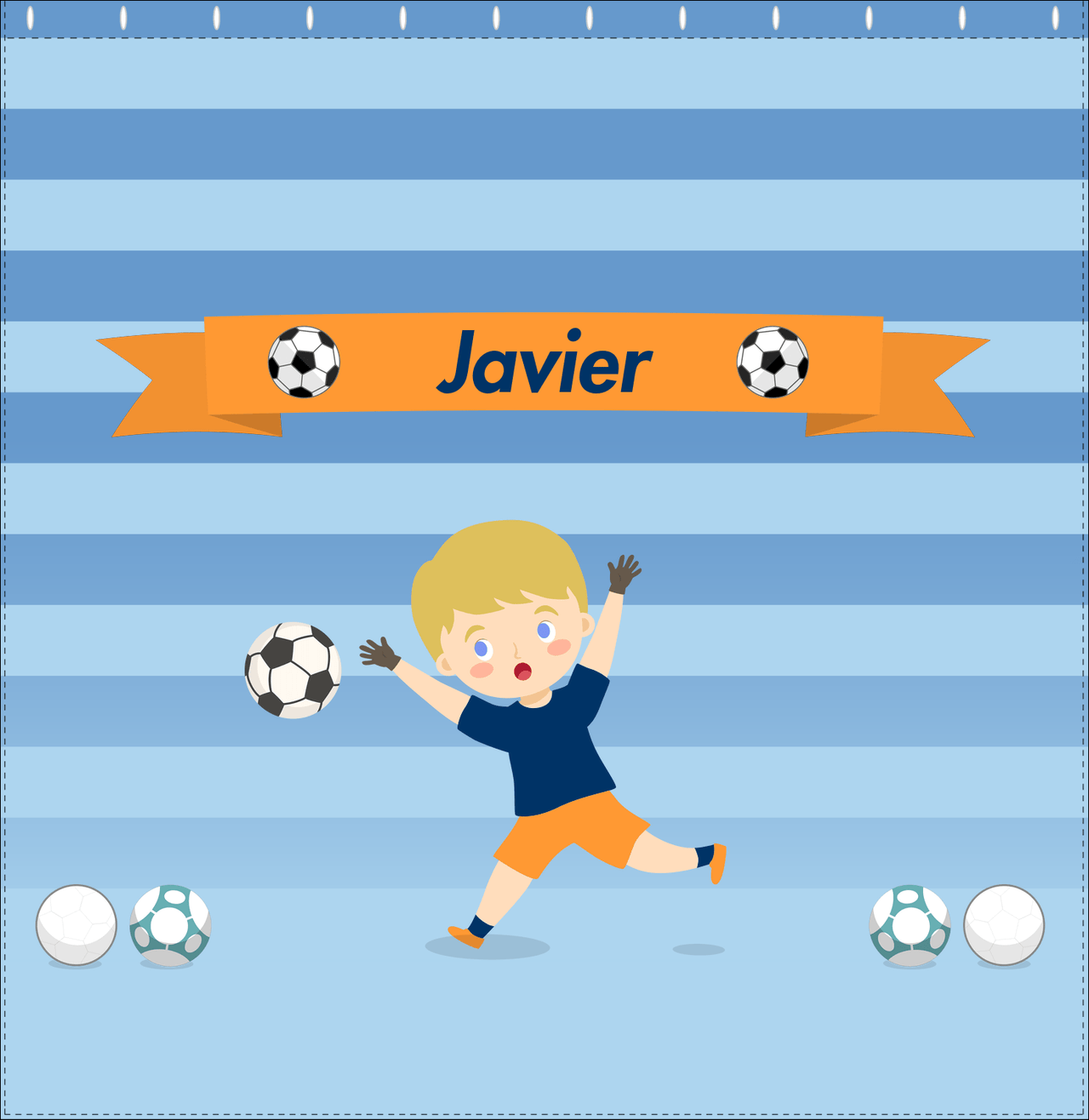 Personalized Soccer Shower Curtain XIX - Blue Background - Blond Boy II - Decorate View