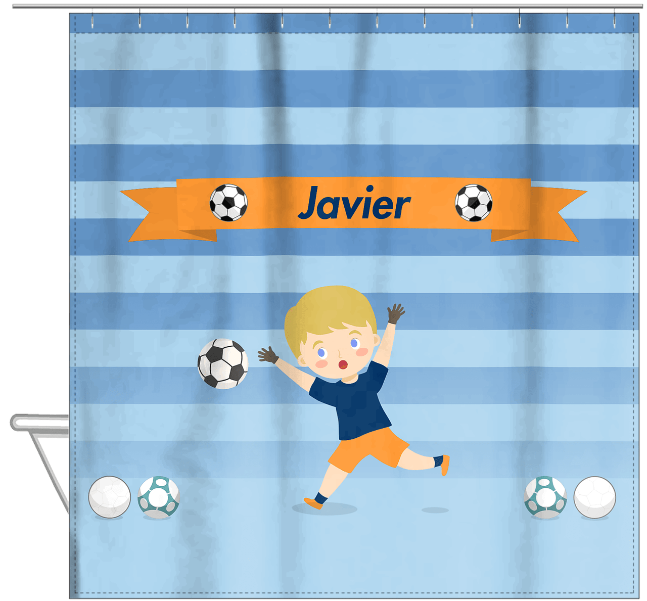Personalized Soccer Shower Curtain XIX - Blue Background - Blond Boy II - Hanging View