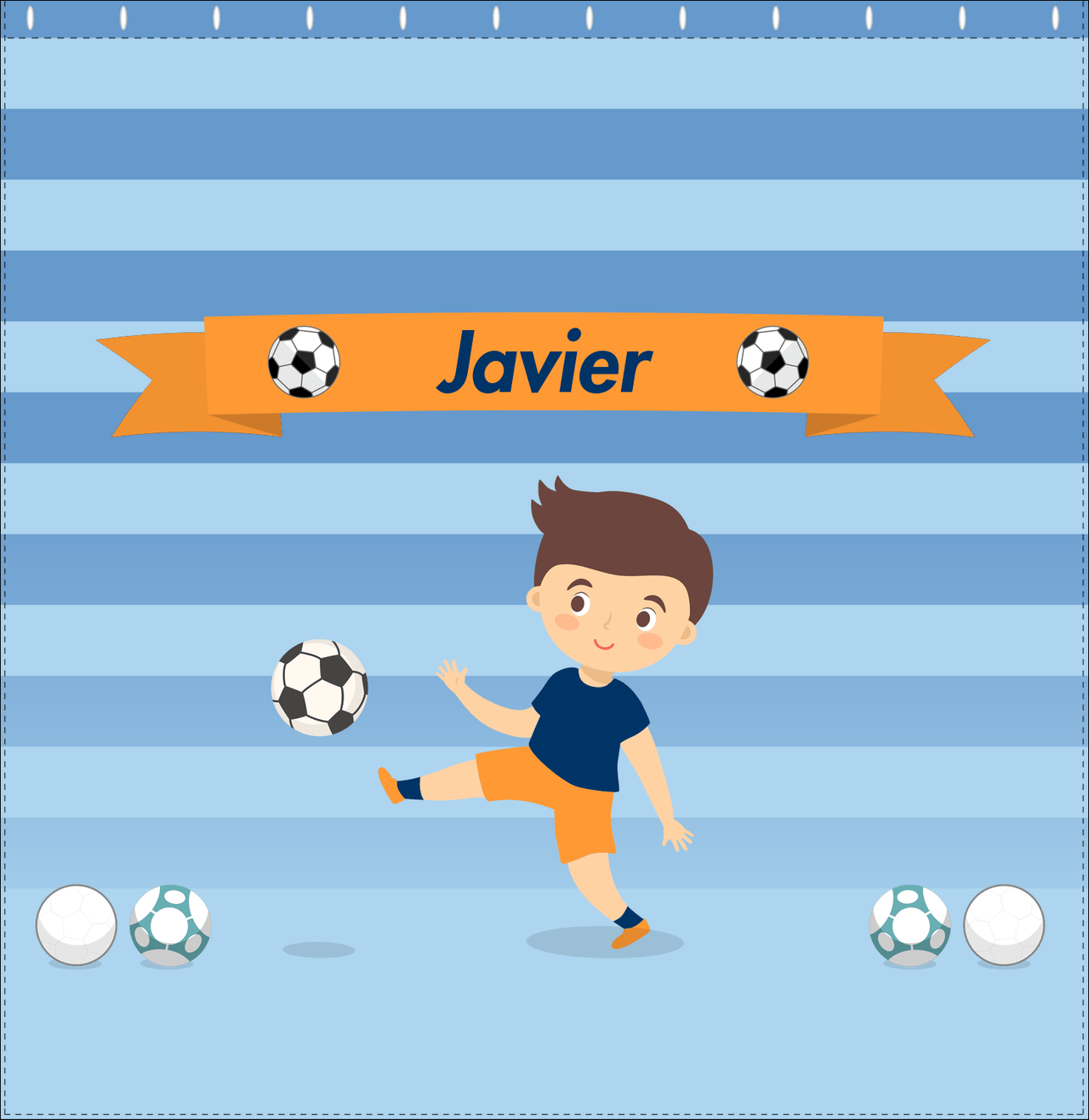 Personalized Soccer Shower Curtain XIX - Blue Background - Brown Hair Boy II - Decorate View
