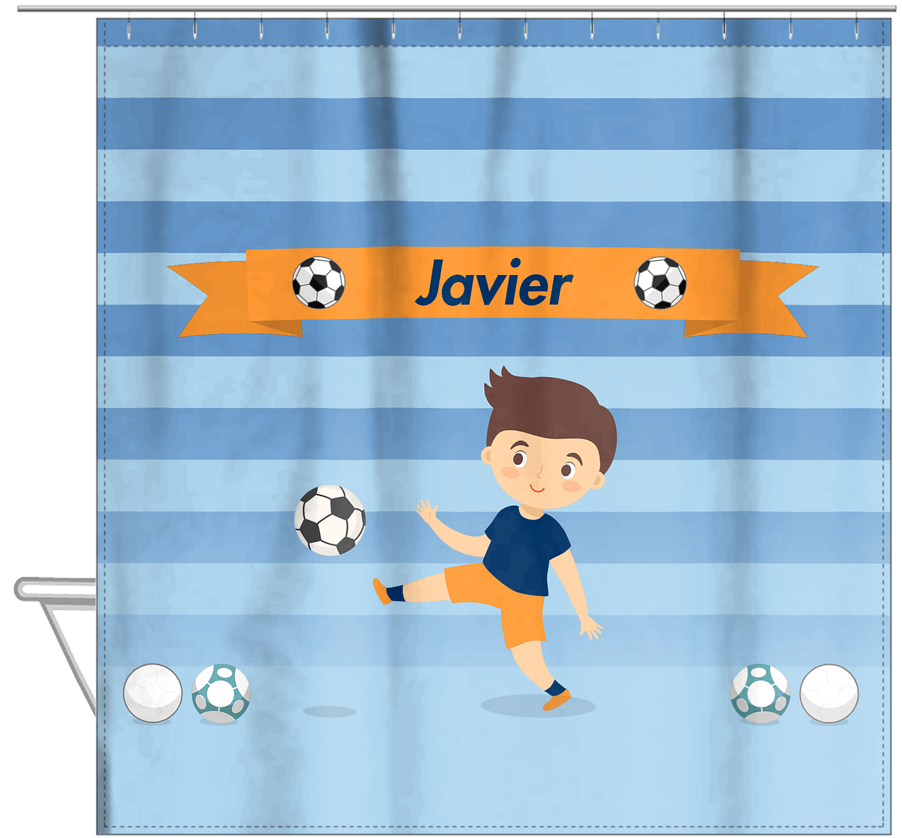 Personalized Soccer Shower Curtain XIX - Blue Background - Brown Hair Boy II - Hanging View
