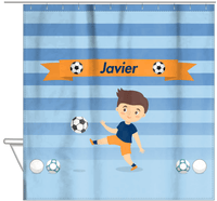Thumbnail for Personalized Soccer Shower Curtain XIX - Blue Background - Brown Hair Boy II - Hanging View