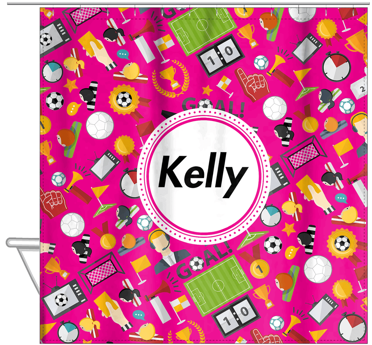 Personalized Soccer Shower Curtain XX - Pink Background - Circle Nameplate - Hanging View