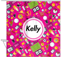 Thumbnail for Personalized Soccer Shower Curtain XX - Pink Background - Circle Nameplate - Hanging View