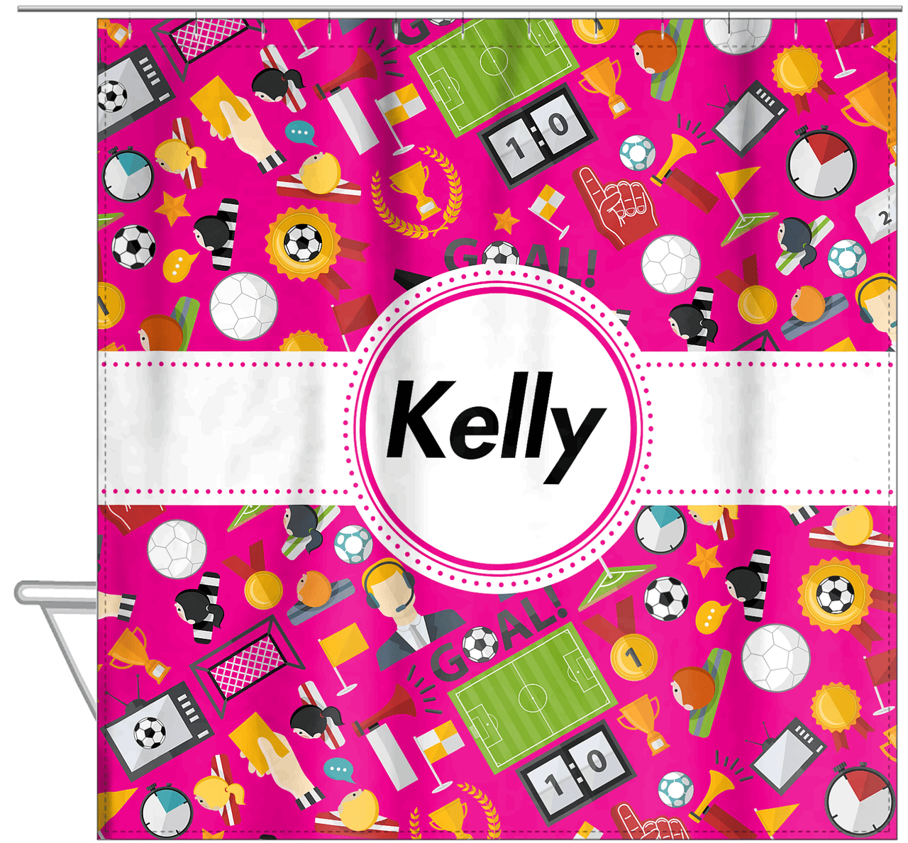 Personalized Soccer Shower Curtain XX - Pink Background - Circle Ribbon Nameplate - Hanging View