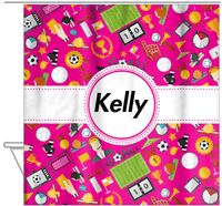 Thumbnail for Personalized Soccer Shower Curtain XX - Pink Background - Circle Ribbon Nameplate - Hanging View