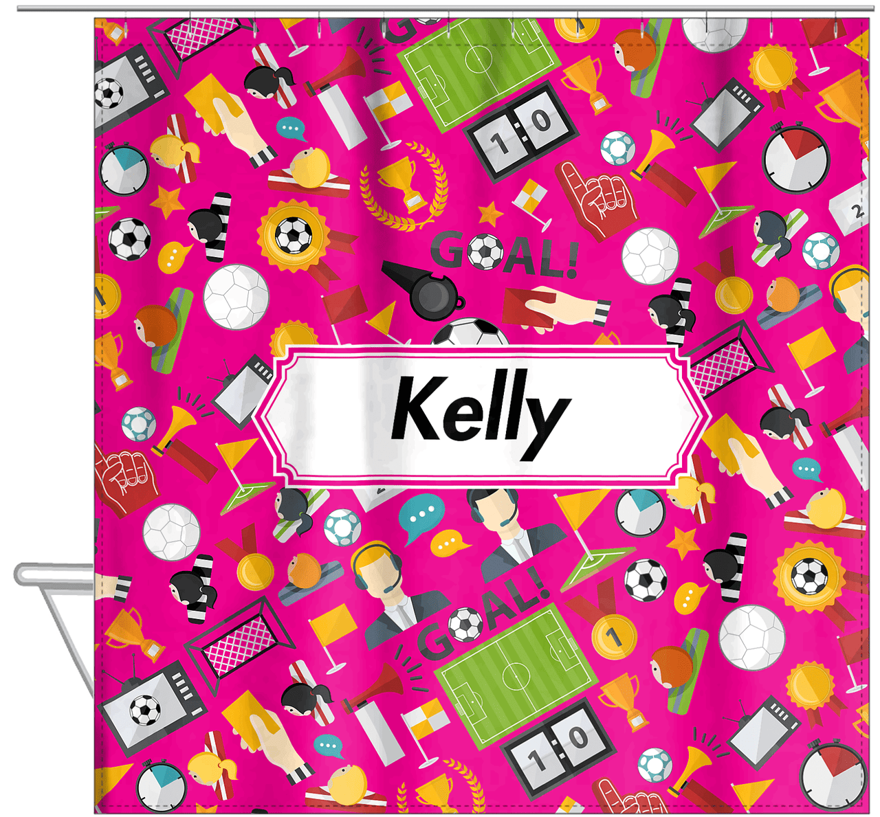 Personalized Soccer Shower Curtain XX - Pink Background - Decorative Rectangle Nameplate - Hanging View