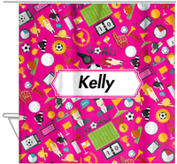 Thumbnail for Personalized Soccer Shower Curtain XX - Pink Background - Decorative Rectangle Nameplate - Hanging View
