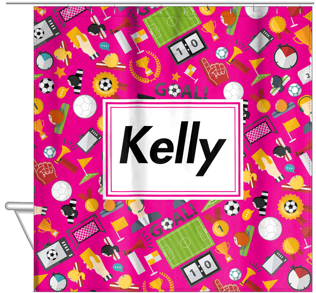 Personalized Soccer Shower Curtain XX - Pink Background - Rectangle Nameplate - Hanging View