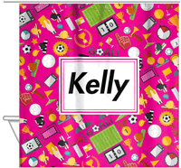 Thumbnail for Personalized Soccer Shower Curtain XX - Pink Background - Rectangle Nameplate - Hanging View