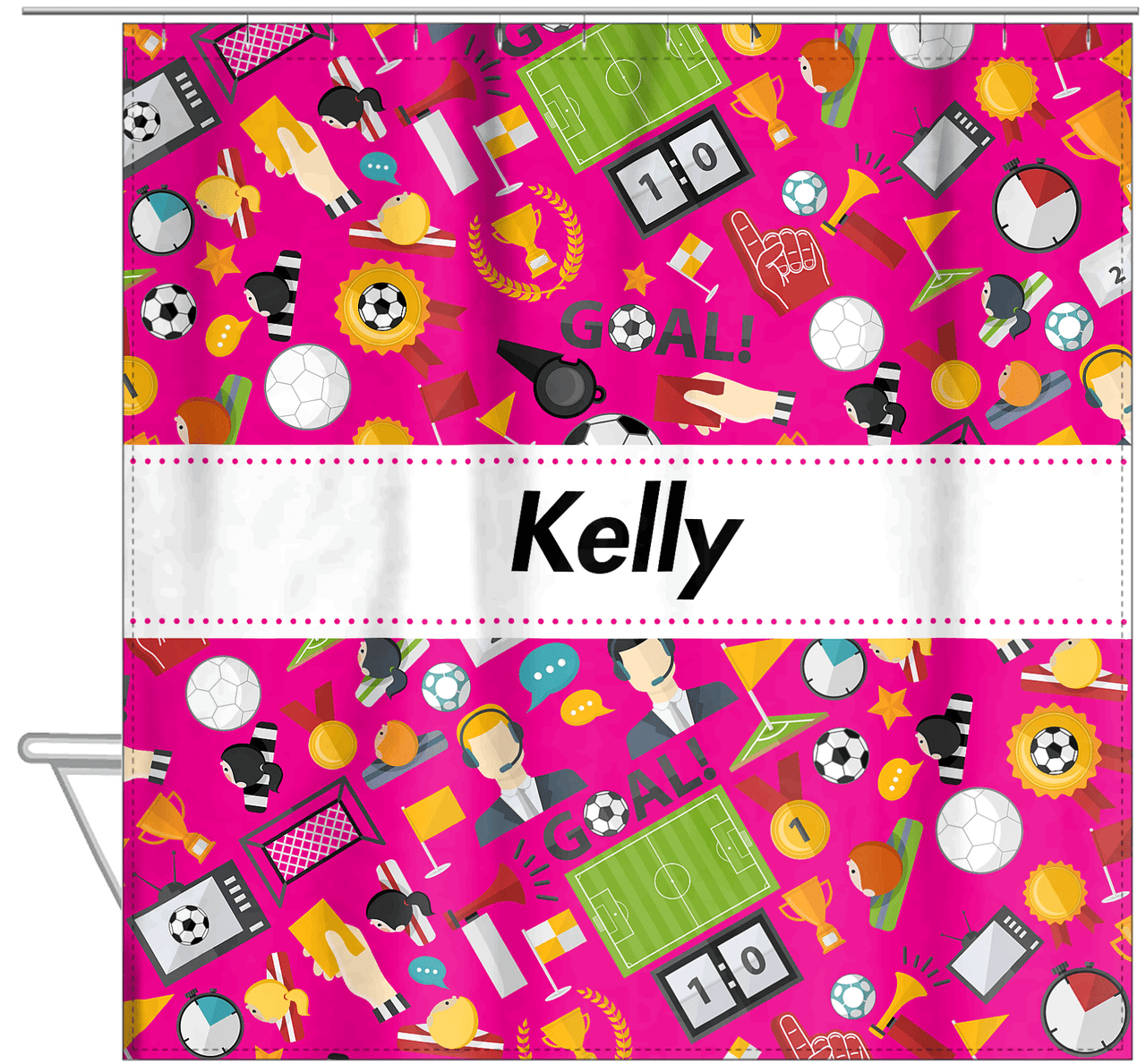 Personalized Soccer Shower Curtain XX - Pink Background - Ribbon Nameplate - Hanging View