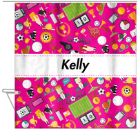 Thumbnail for Personalized Soccer Shower Curtain XX - Pink Background - Ribbon Nameplate - Hanging View