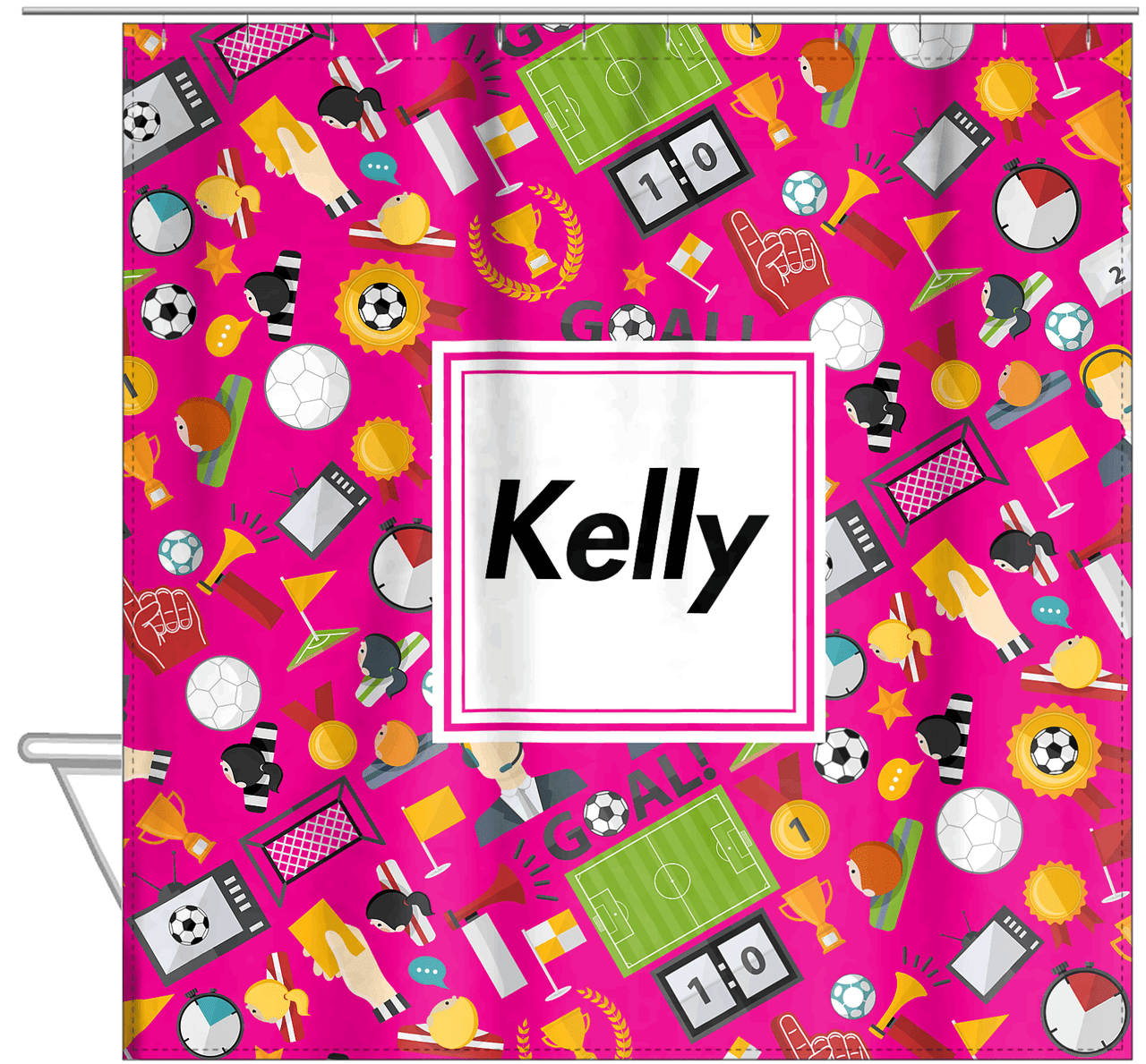 Personalized Soccer Shower Curtain XX - Pink Background - Square Nameplate - Hanging View