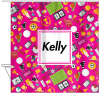 Thumbnail for Personalized Soccer Shower Curtain XX - Pink Background - Square Nameplate - Hanging View
