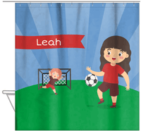 Thumbnail for Personalized Soccer Shower Curtain XXI - Blue Sky - Black Hair Girl - Hanging View