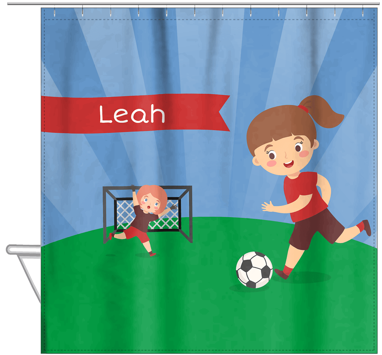 Personalized Soccer Shower Curtain XXI - Blue Sky - Brunette Girl - Hanging View