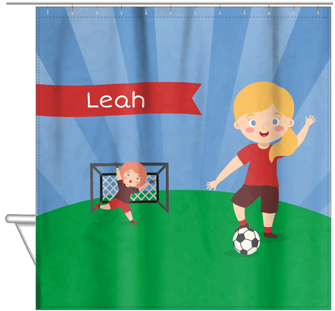 Personalized Soccer Shower Curtain XXI - Blue Sky - Blonde Girl II - Hanging View