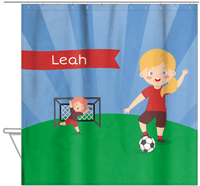Thumbnail for Personalized Soccer Shower Curtain XXI - Blue Sky - Blonde Girl II - Hanging View