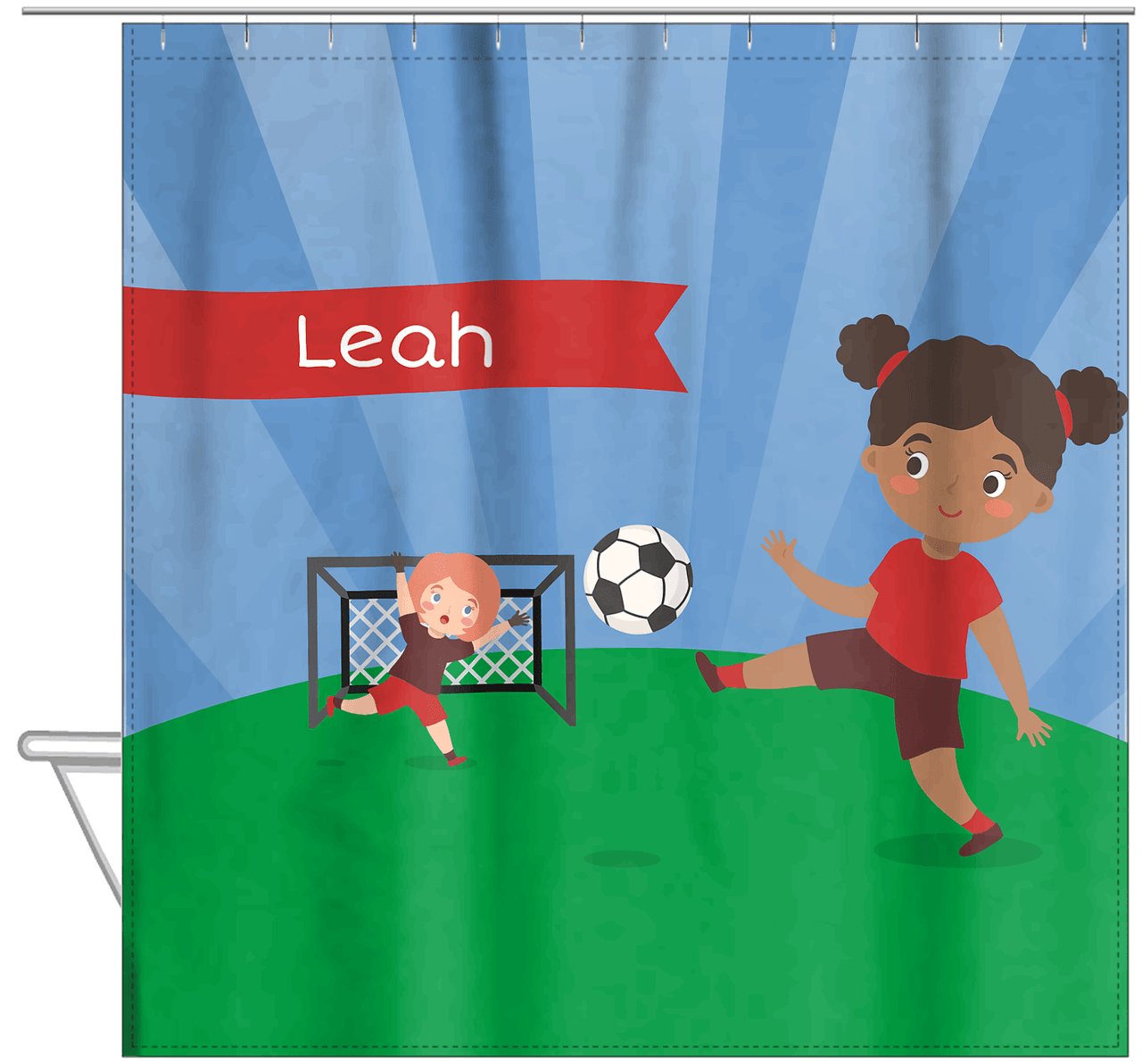 Personalized Soccer Shower Curtain XXI - Blue Sky - Black Girl - Hanging View