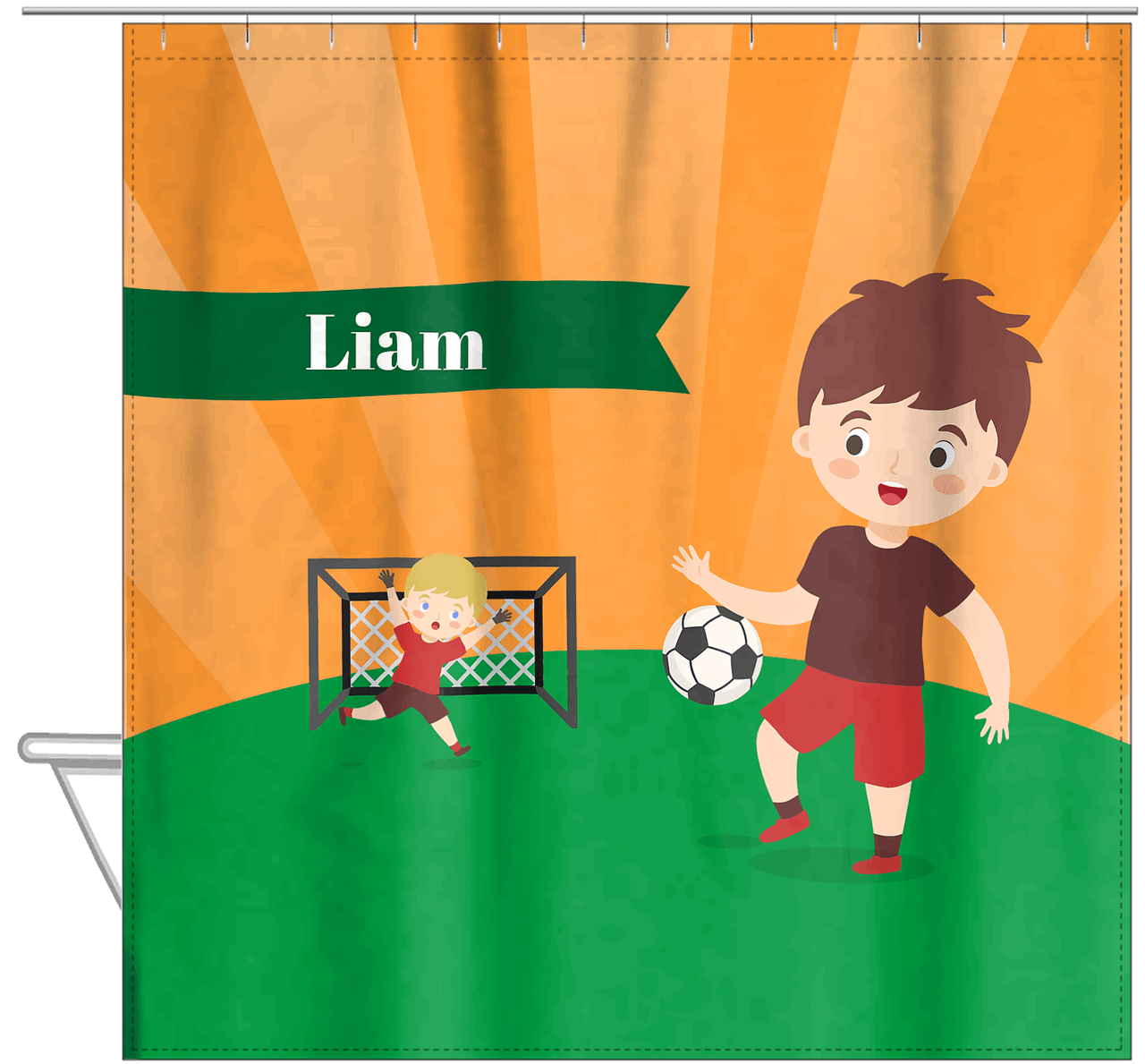 Personalized Soccer Shower Curtain XXII - Orange Sky - Brown Hair Boy I - Hanging View